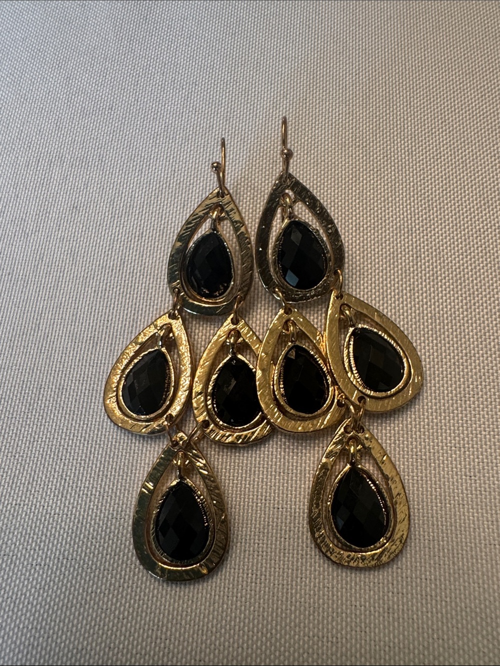 Gold Teardrop Chandelier Earrings with Black Bead
